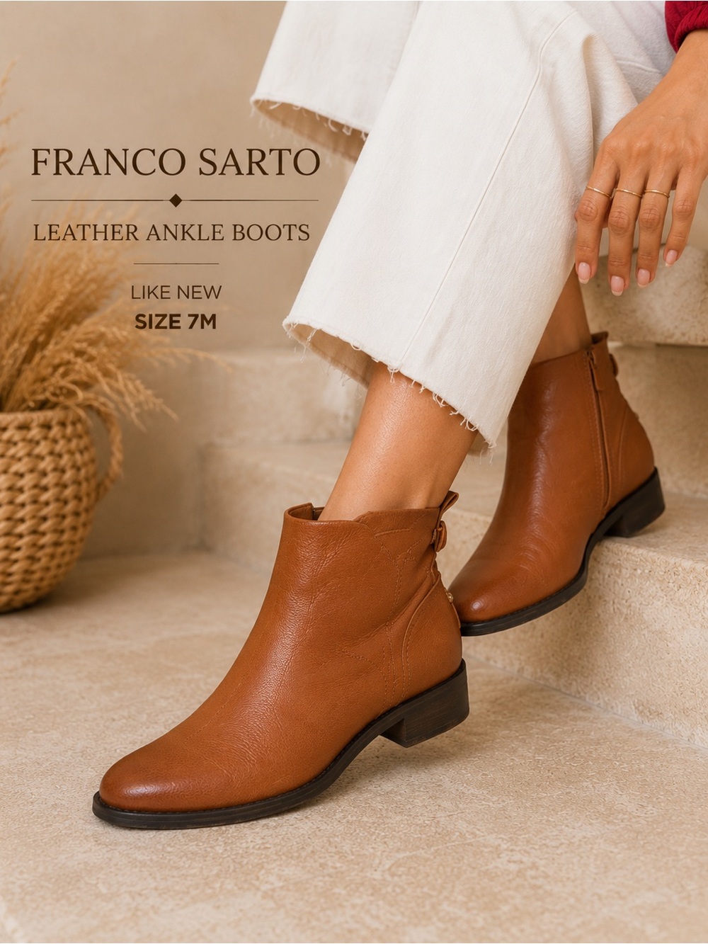 Franco Sarto Leather Ankle Boots Women’s Size 7M Cognac Brown Like New
